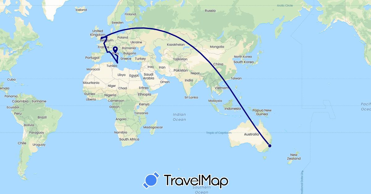 TravelMap itinerary: driving in Australia, Belgium, France, United Kingdom, Italy, Malta, Netherlands (Europe, Oceania)